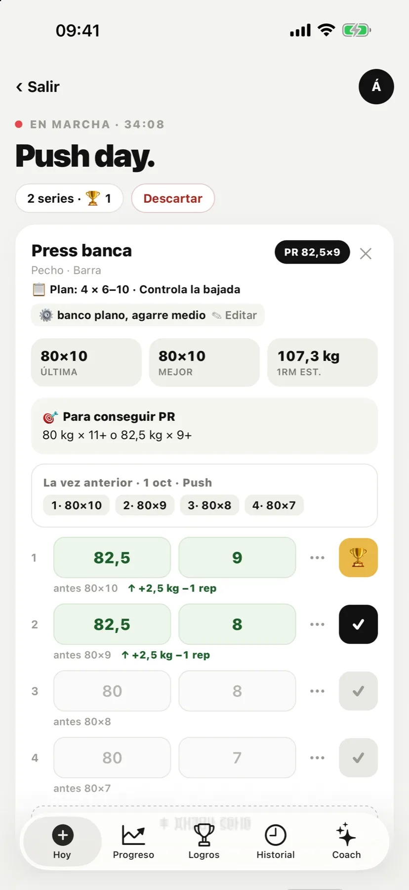 Entreno en marcha: press banca con la sesión anterior, el plan y un récord marcado