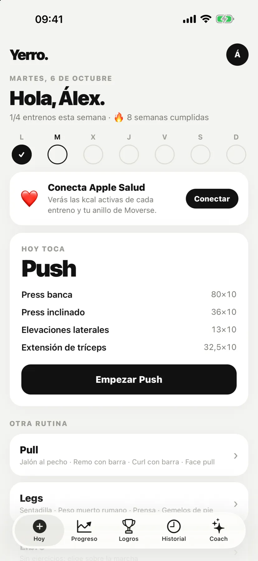 Pantalla de inicio de Yerro con la racha semanal y la rutina que toca hoy