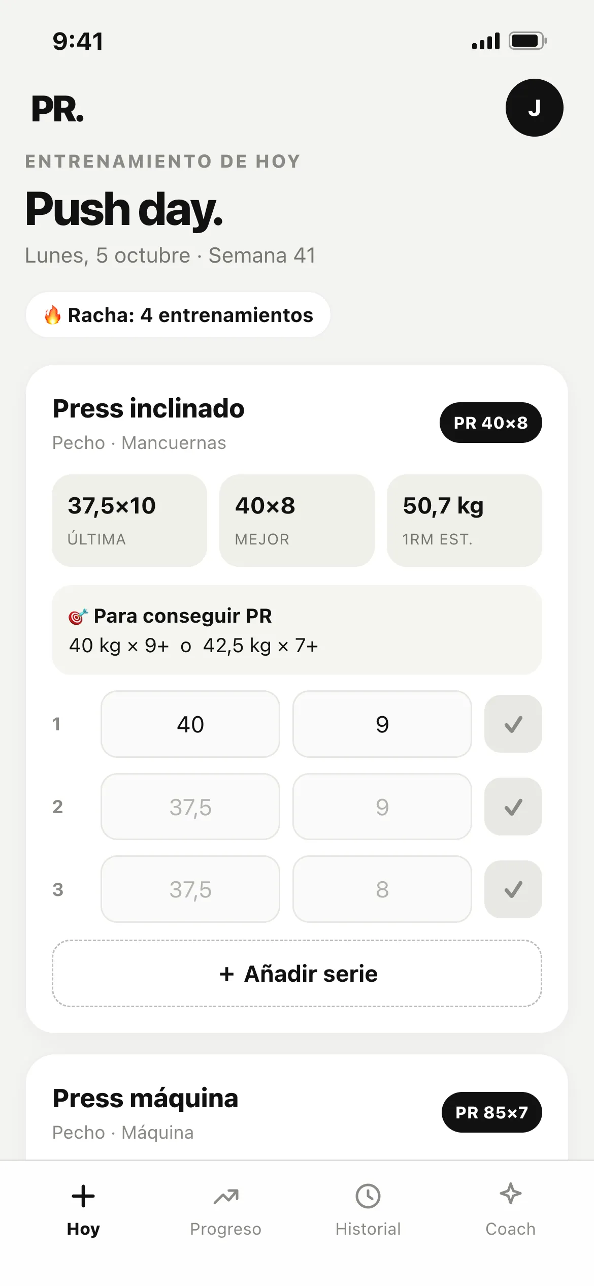 Pantalla Hoy: press inclinado con la última marca, el récord, el 1RM estimado, lo que hace falta para batirlo y las series de hoy