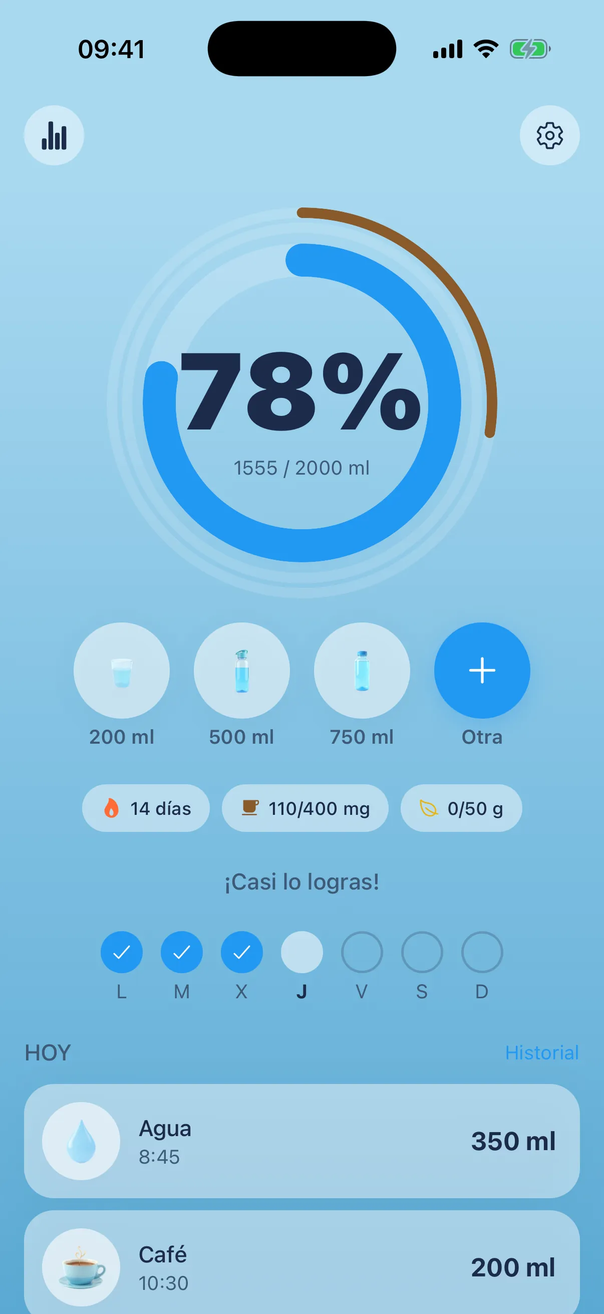 Aguita en iPhone: pantalla Hoy con el anillo de progreso al 78 %
