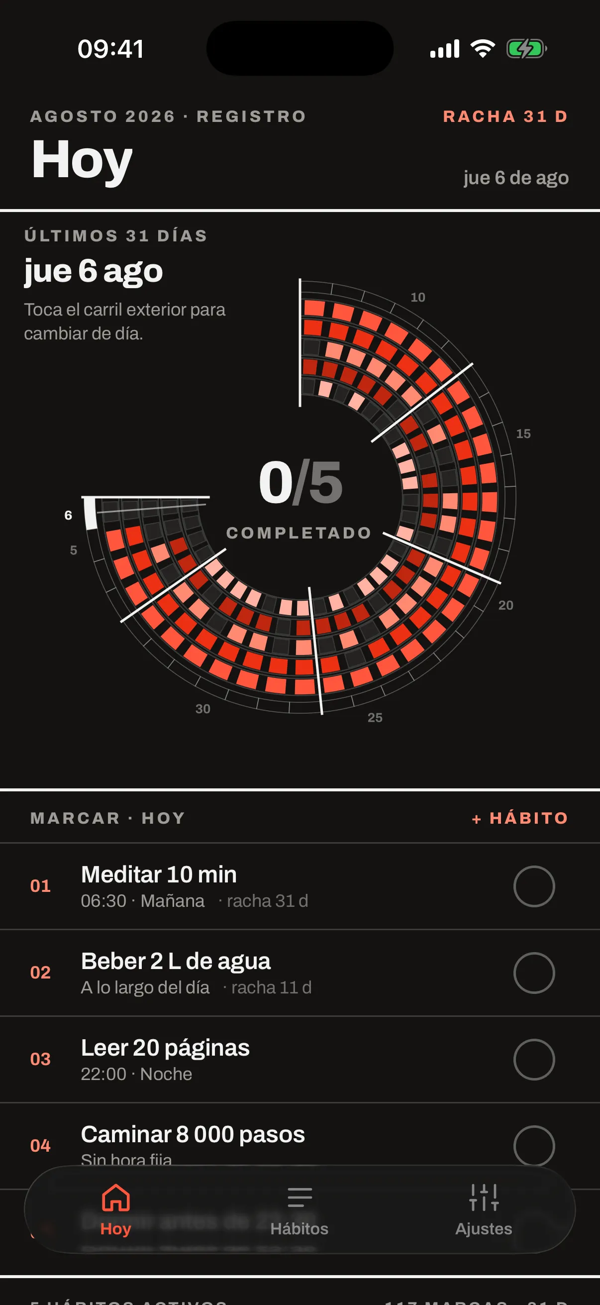Pantalla Hoy de Gyre: el disco de 31 días y la lista de hábitos con sus marcas