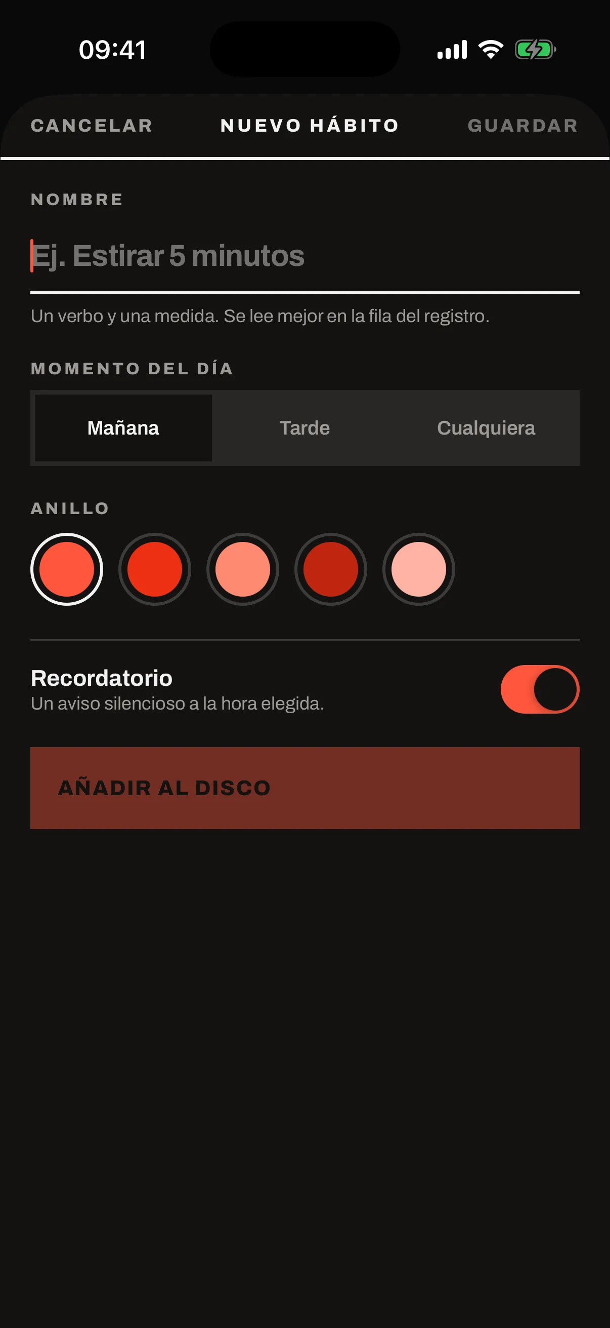 Pantalla de alta de hábito en Gyre: nombre, momento del día, color del anillo y recordatorio