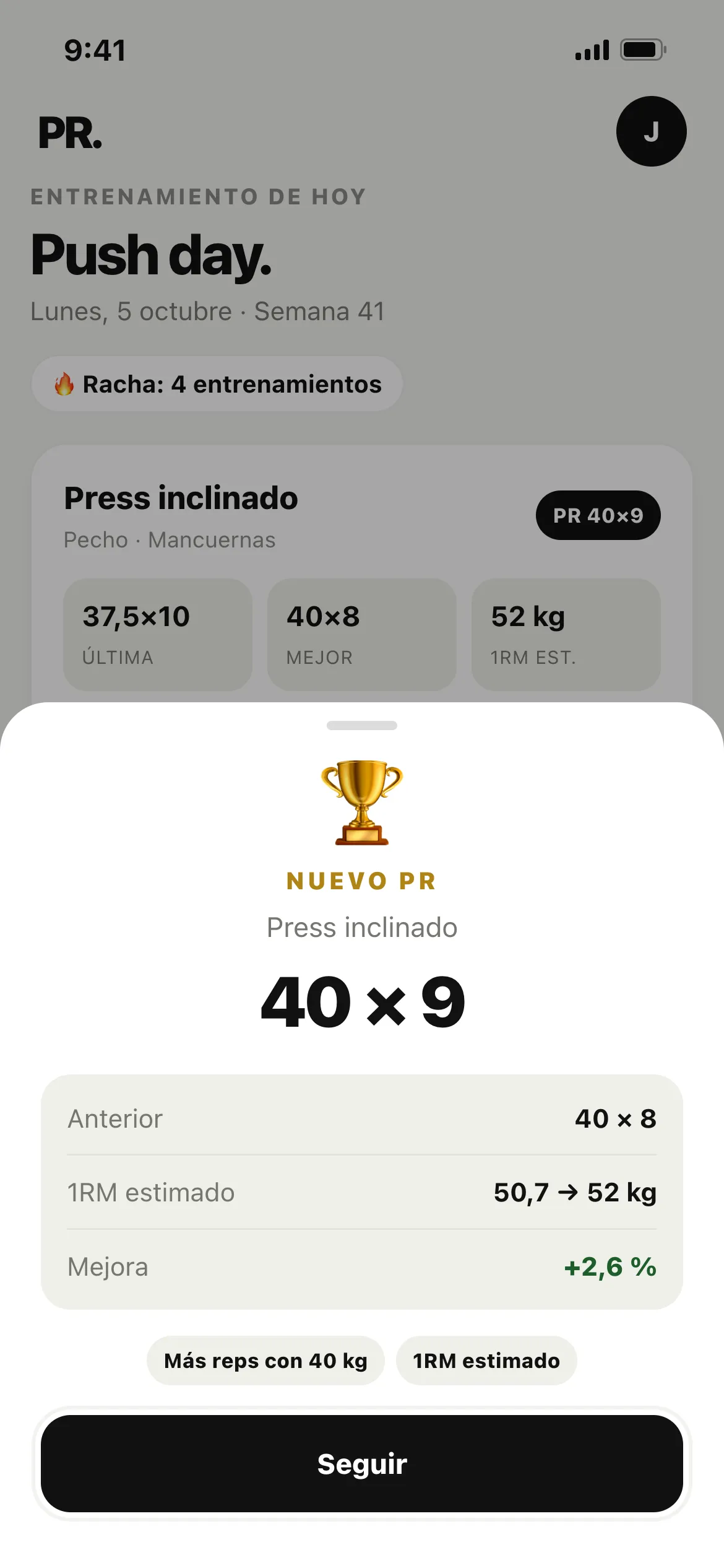 Aviso de nuevo récord: 40 kg × 9 en press inclinado, frente a 40 × 8, con el 1RM estimado de 50,7 a 52 kg