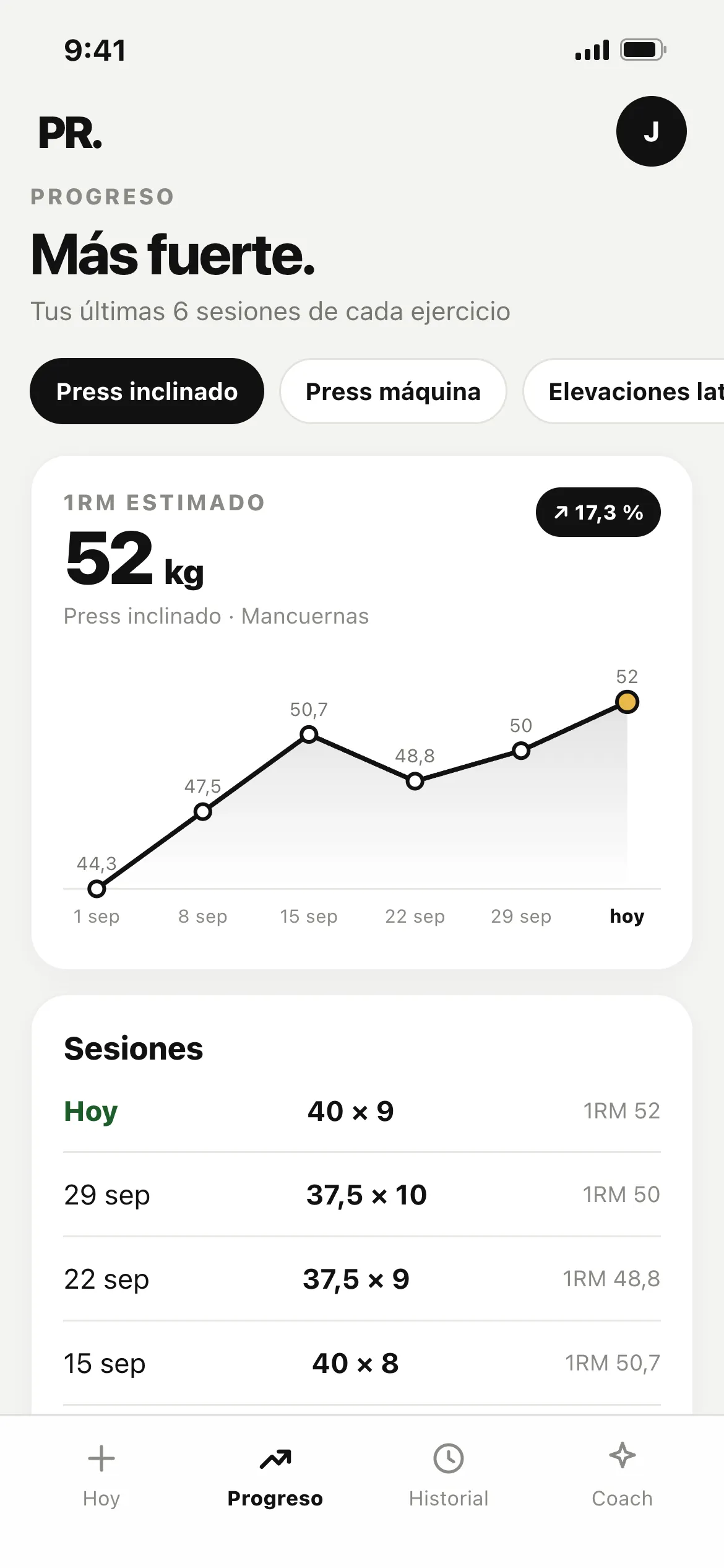 Pantalla Progreso: 1RM estimado de press inclinado con su gráfica de seis sesiones y la lista de sesiones
