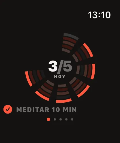 Gyre en el Apple Watch: el disco a pantalla completa con el anillo exterior resaltado y el hábito «Meditar 10 min» marcado